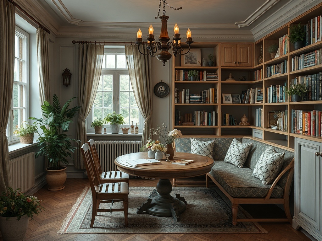 Уютная комната с книгами, столом и диваном, освещенная люстрой и украшенная растениями.
