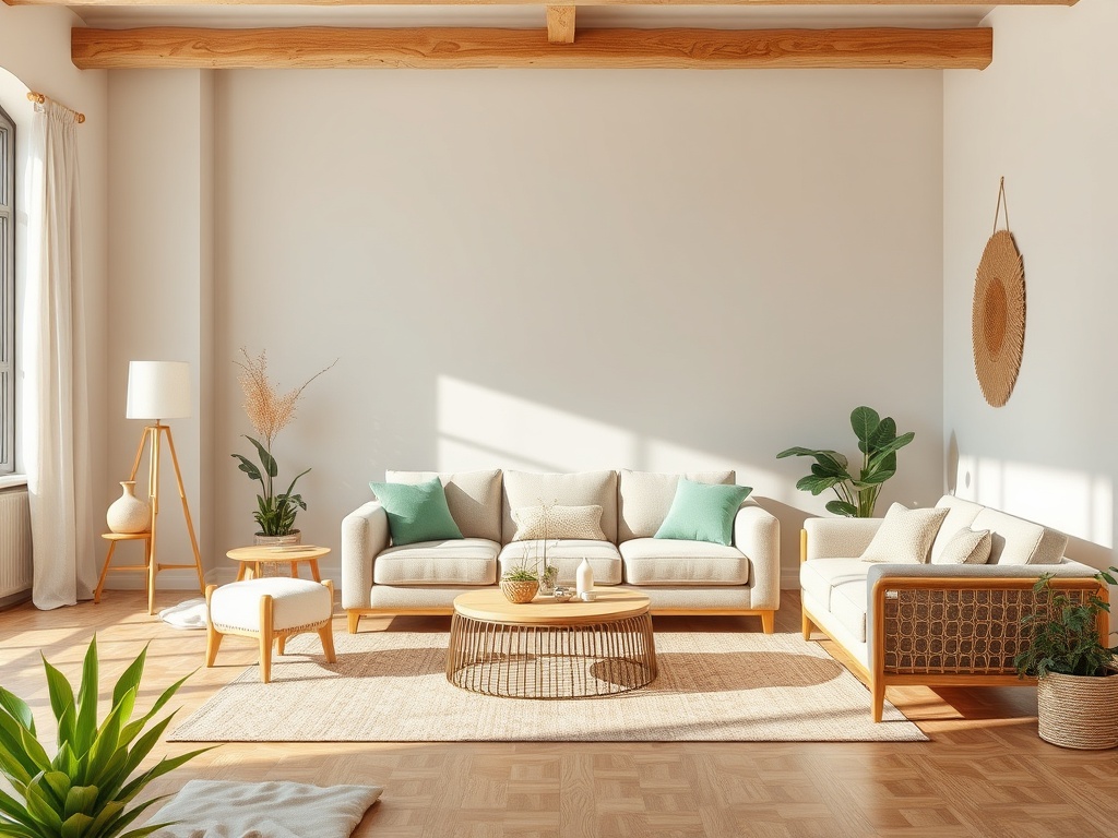 Светлая гостиная с уютной мебелью, зелеными растениями и теплым светом, проходящим через окно.