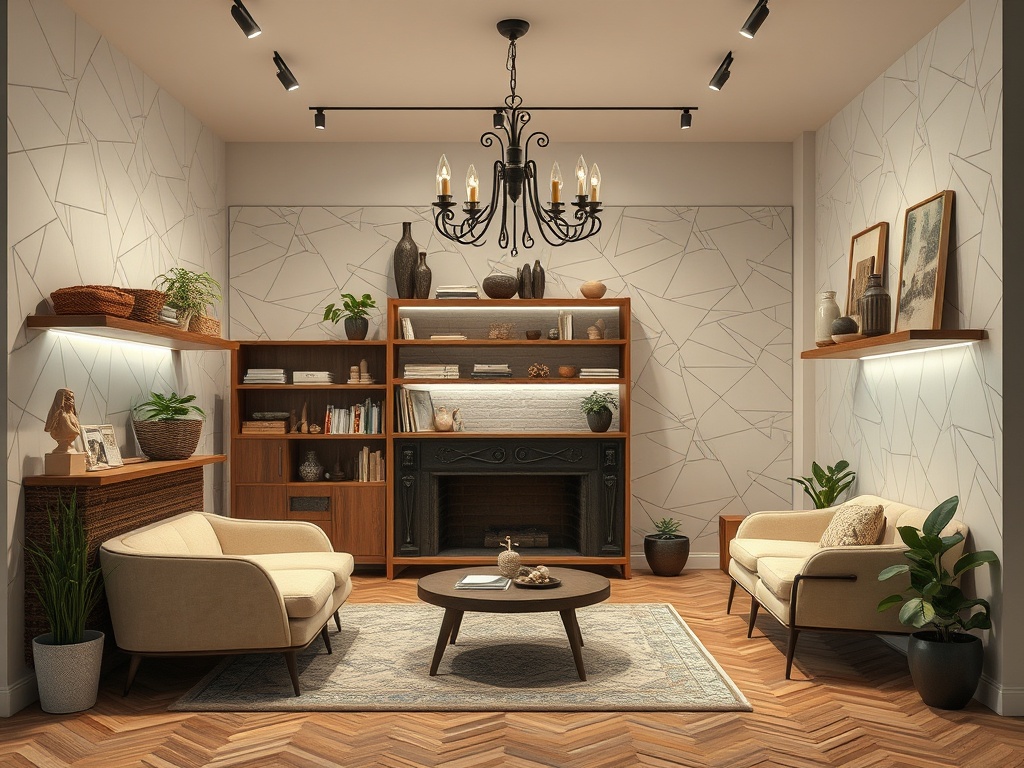 Современный уютный интерьер комнаты с креслами, книжными полками и камином, украшенный растениями.