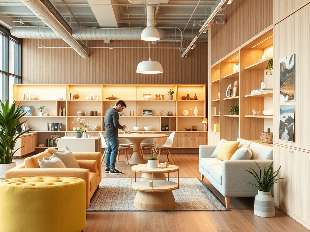 Современный офис с уютной мебелью и растениями. Мужчина оформляет обеденный стол в стиле минимализма.
