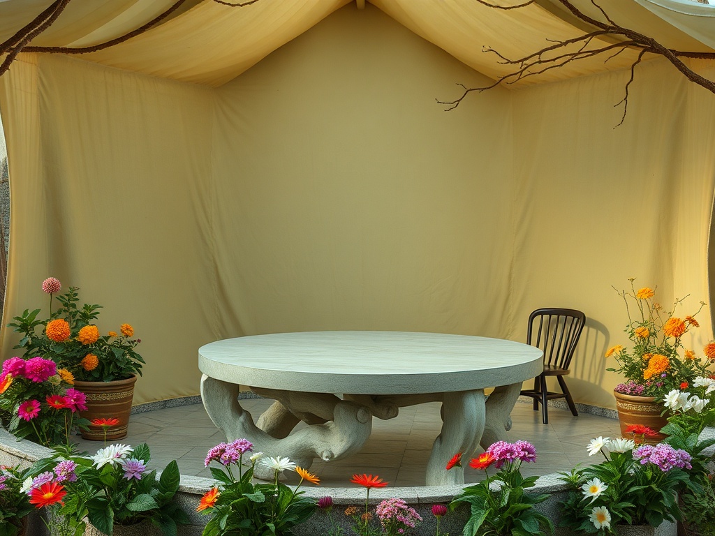 Круглый стол с необычной основой и черным стулом, окруженный цветами в уютном помещении.