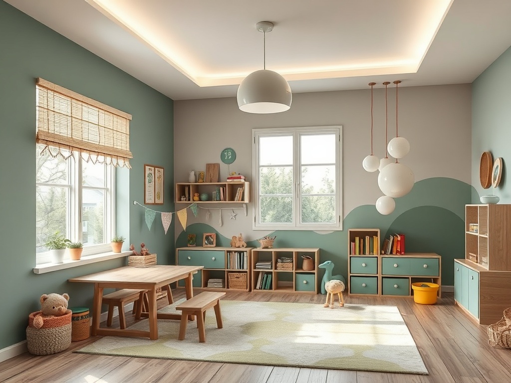 Детская комната с деревянной мебелью, зелеными стенами и уютным освещением, украшенная игрушками и ковром.