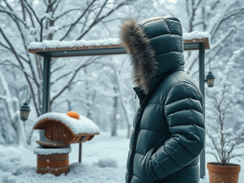 Человек в зимней куртке стоит на фоне снежного пейзажа с деревьями и освещением.