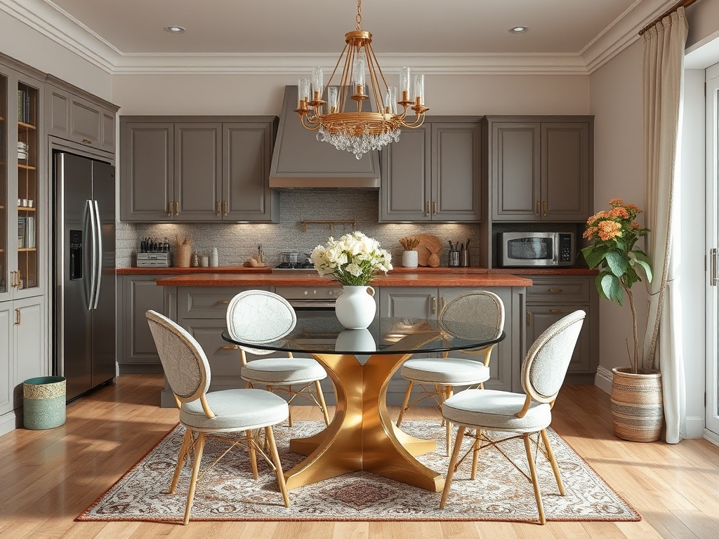 Современная кухня с элегантной столовой зоной, золотым столом и стильными стульями на ковре.