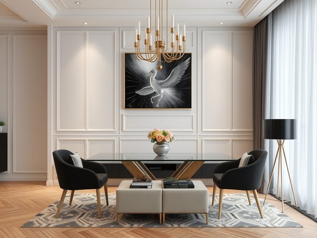 Современный интерьер с черным креслом, стеклянным столом и светильником, украшенный картиной с журавлем.