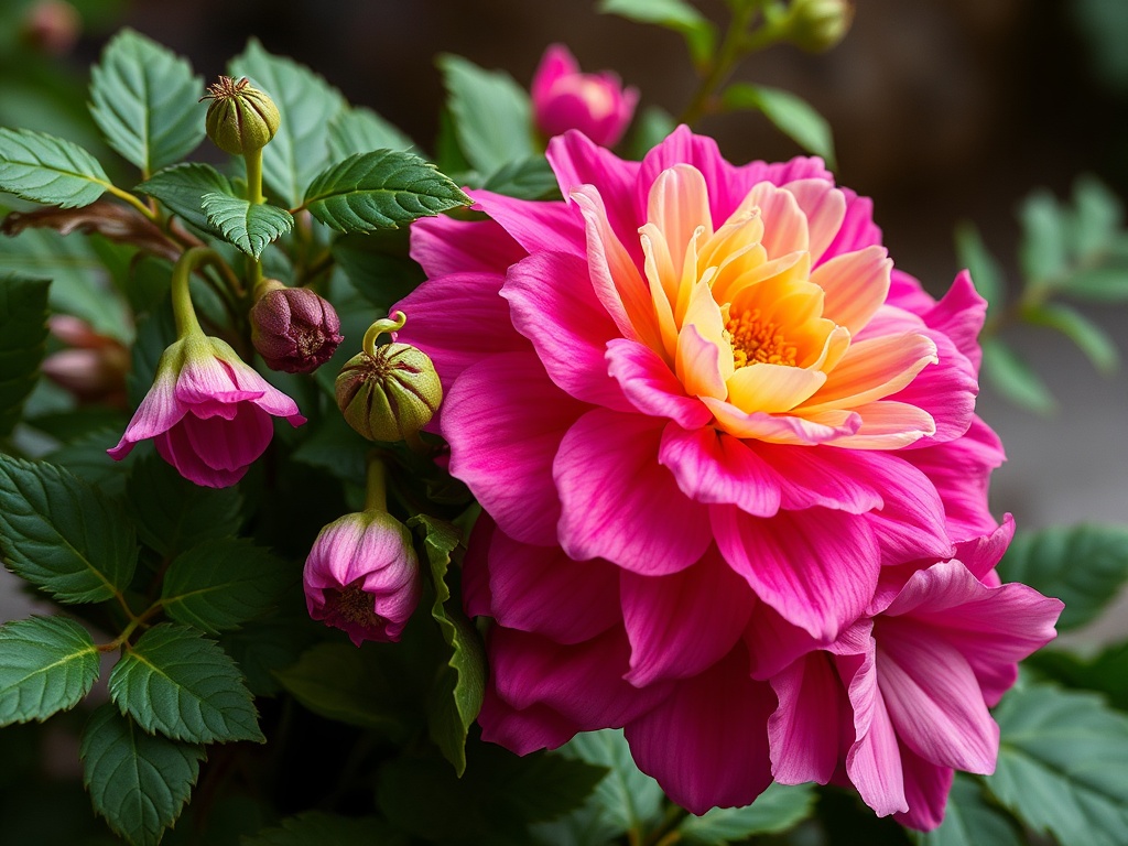 Яркий розовый цветок с оранжевыми деталями, окружённый зелёными листьями и бутонами.