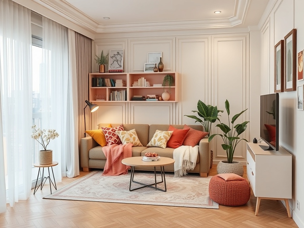 Современная гостиная с уютным диваном, яркими подушками и зелеными растениями, оформленная в светлых тонах.