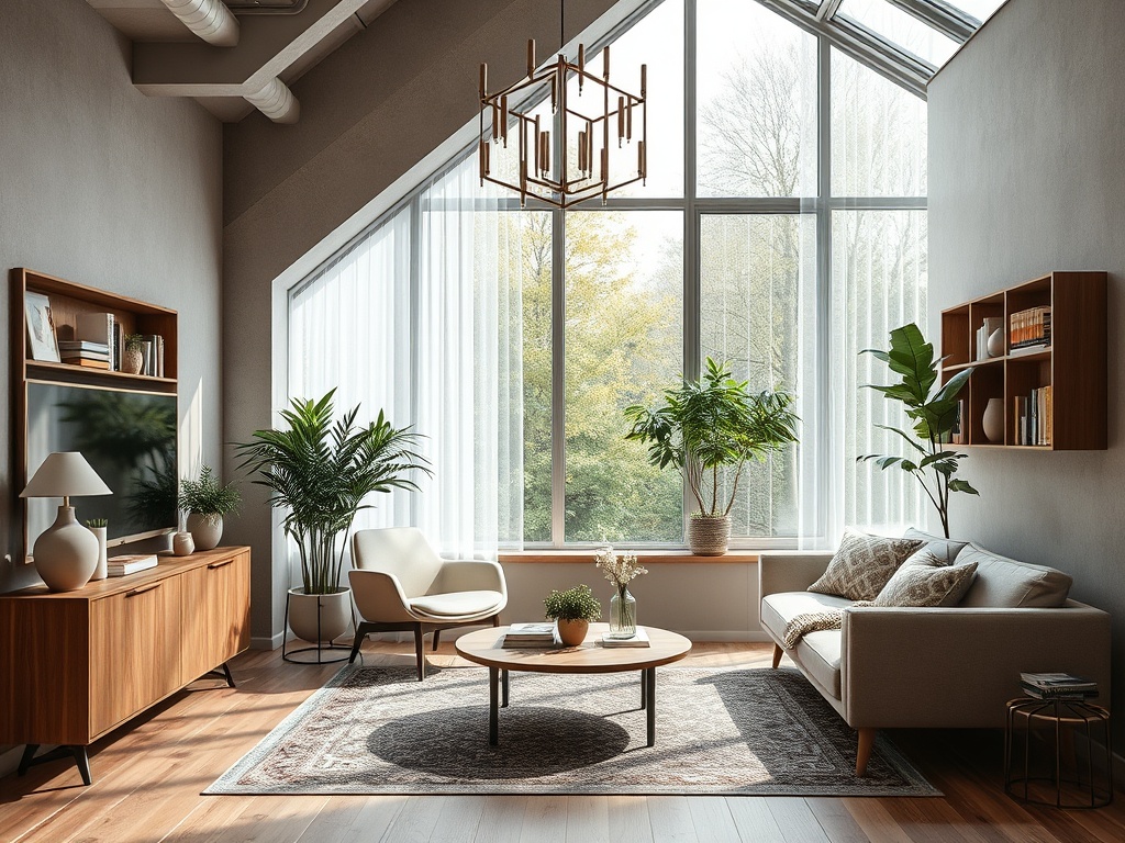 Современный уютный интерьер гостиной с большими окнами, растениями и стильной мебелью.